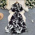 Frenchretrosense of design strappy waist short-sleeved printingdress women's summerslimming lookelegant large swing long skirt