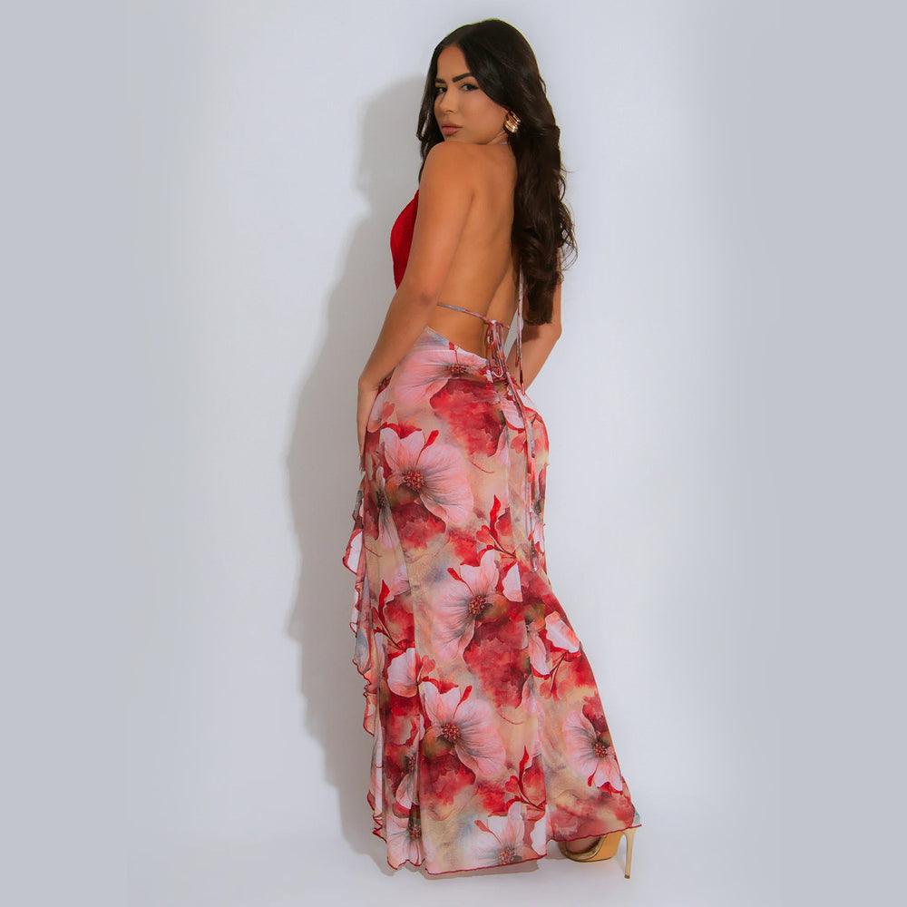 C7262 cross-border   fashion women's sexy deep v halter neck slim-fit printed dress