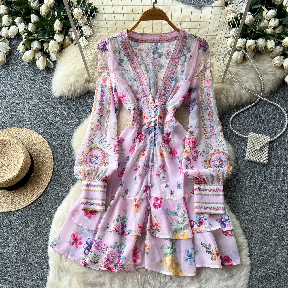 French romantic v-neck floral dress - women's spring/autumn korean style long sleeve high waist tie-waist slimming a-line dress