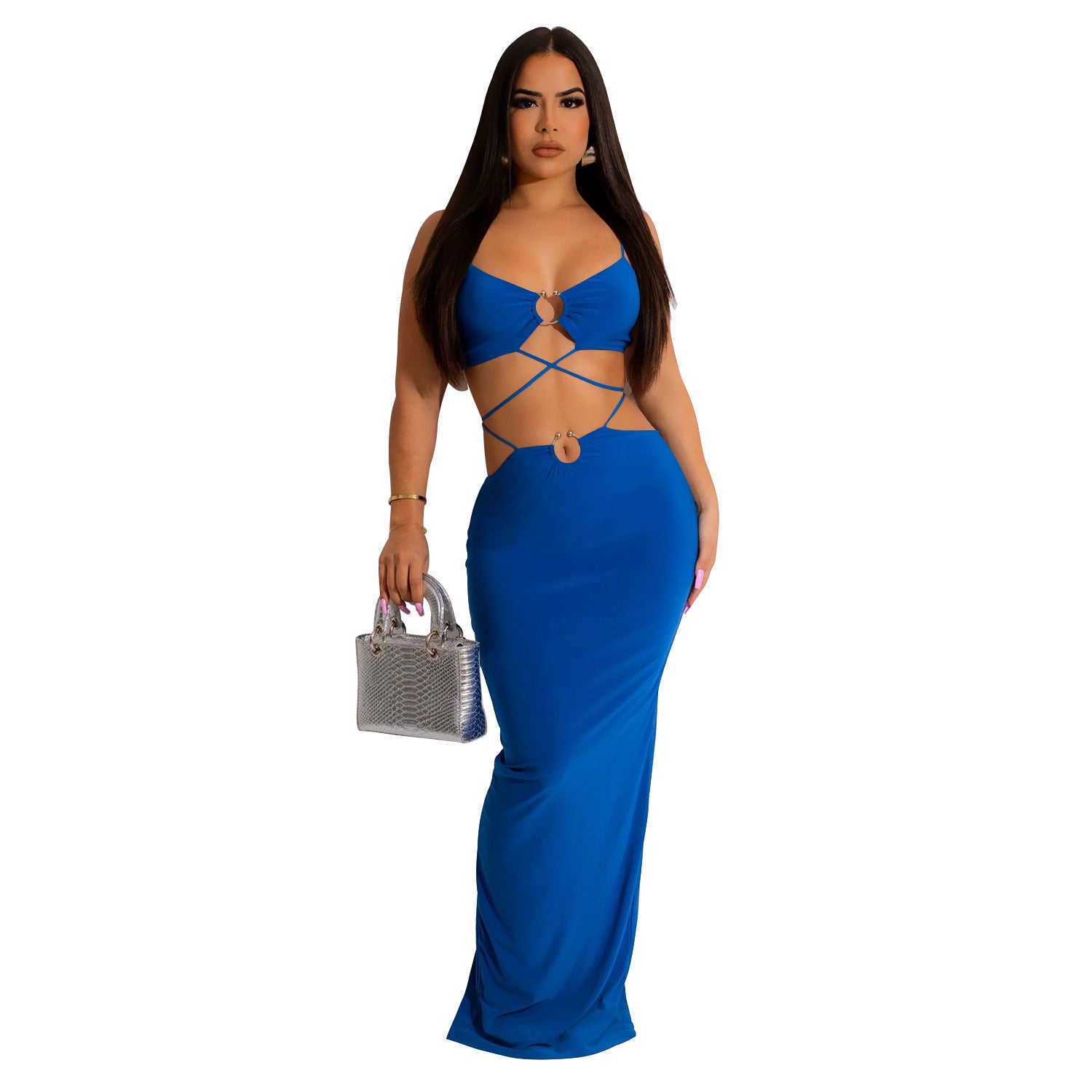 C6309 Cross-border   European and American fashion women's clothing solid color strap iron ring sleeveless long dress dress