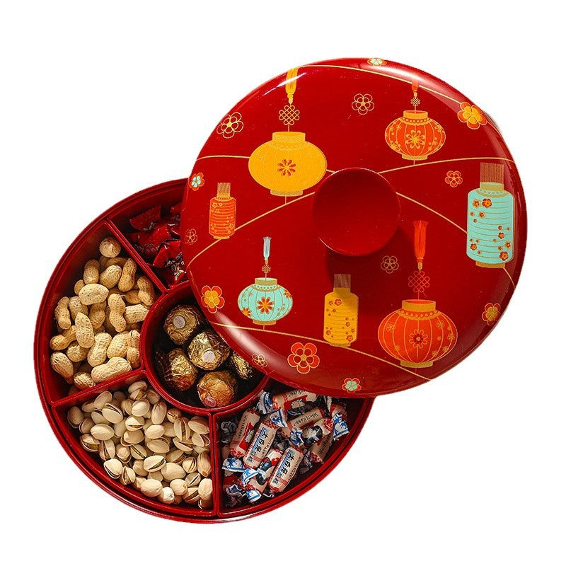 Chinese-style red rotating dried fruit box, household high-end housewarming, Chinese New Year grid fruit plate, living room snacks, melon seeds display plate