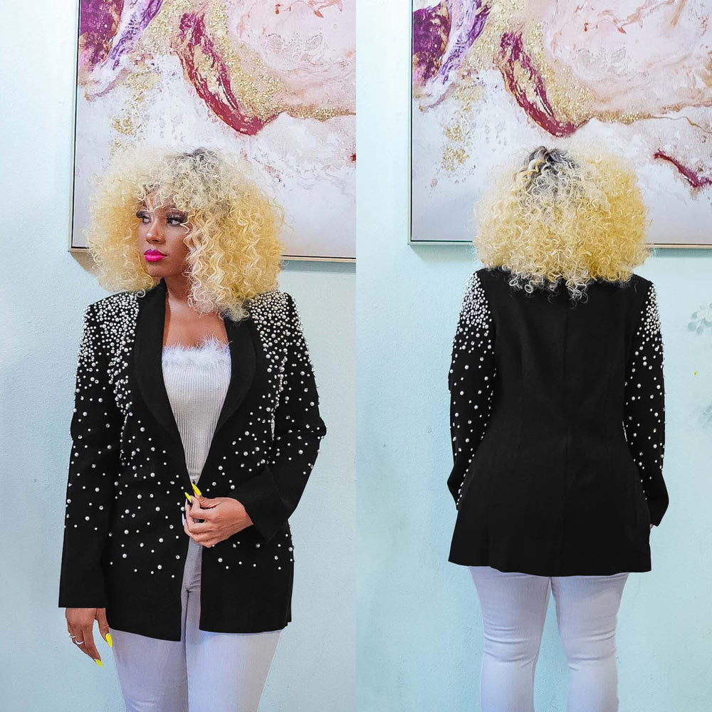 C6590 cross-border   fashion women's solid color beaded lapel long sleeve blazer