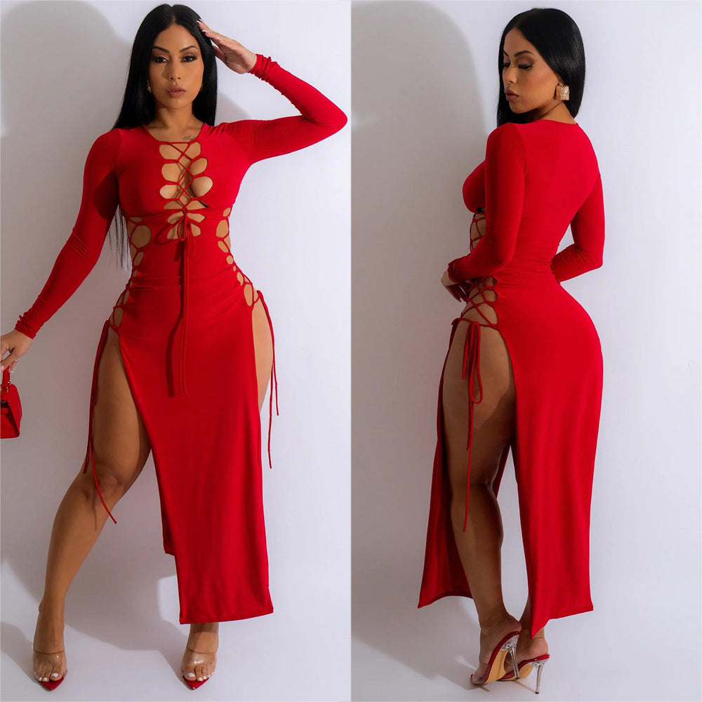 C6237 cross-border   fashion women's solid color drawstring slit long sleeve maxi dress