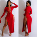 C6237 cross-border   fashion women's solid color drawstring slit long sleeve maxi dress