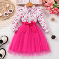 New girls' long-sleeve floral print mesh dress with turn-down collar and woven belt (available in toddler, little girl, and big girl sizes)