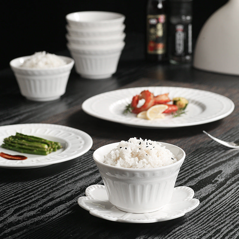 Simple stylish ceramic rice bowl for home restaurant embossed ceramic bowl dessert bowl high-looking classy tableware bowl