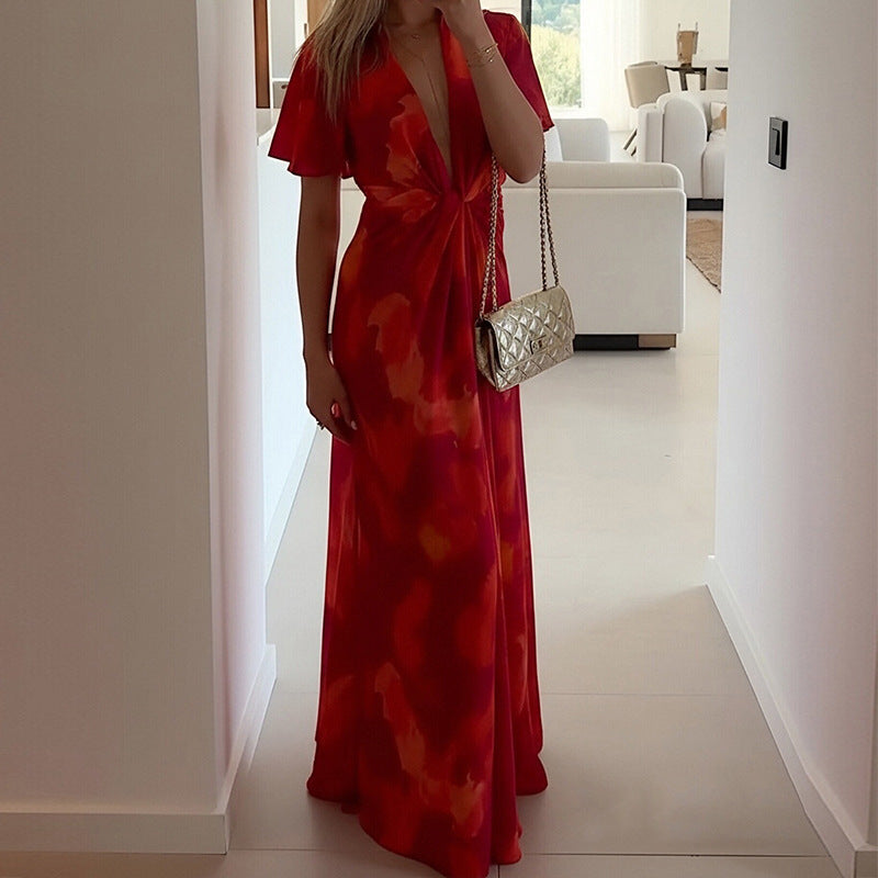 summer new women's fashion: european and american style cross-border dress - trendy casual vacation style tie-waist loose maxi dress