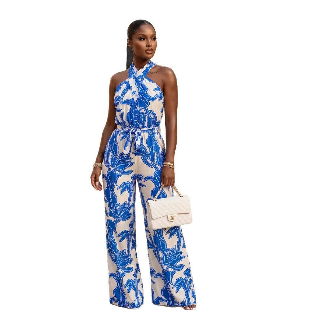 European and american cross-border women's spring  new sleeveless halter neck backless printed tie-up elegant long jumpsuit