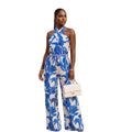European and american cross-border women's spring  new sleeveless halter neck backless printed tie-up elegant long jumpsuit