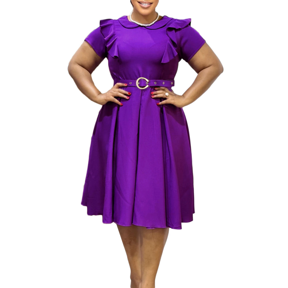 D583export women's clothing  short-sleeved doll collar pure color short-sleeved ruffles high waist large hem fashion dress
