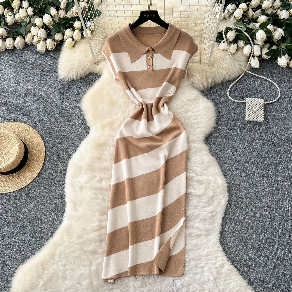 Niche styleretrofashionpolo collar short sleevecontrast colorstripesknittingdress women's waist slit sweater skirt