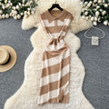Niche styleretrofashionpolo collar short sleevecontrast colorstripesknittingdress women's waist slit sweater skirt