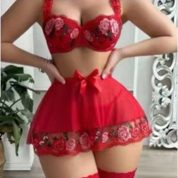 Vintage french lace embroidered three-piece lingerie set - sheer mesh temptation with suspender bra and bodycon skirt