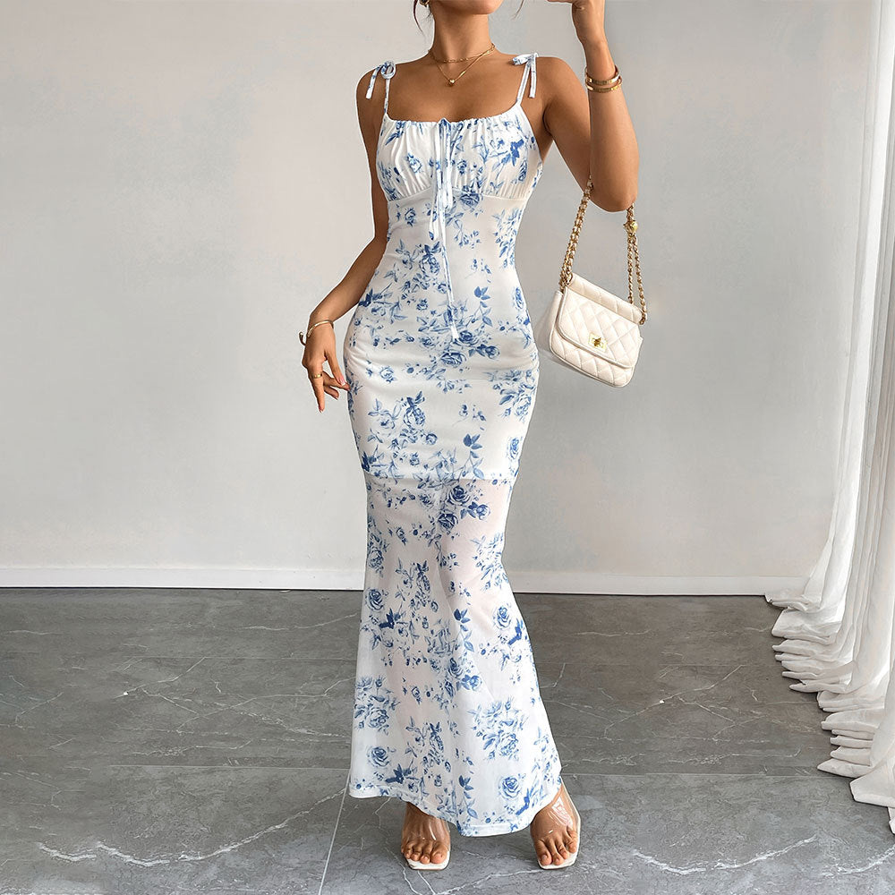 European and american  cross-border new arrival hot selling fashionable floral print sundress - summer high-waisted casual printed maxi dress
