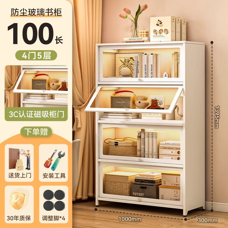 Steel bookcase with glass doors, kids' bookshelf, home living room storage cabinet, dustproof display cabinet, iron art shelf