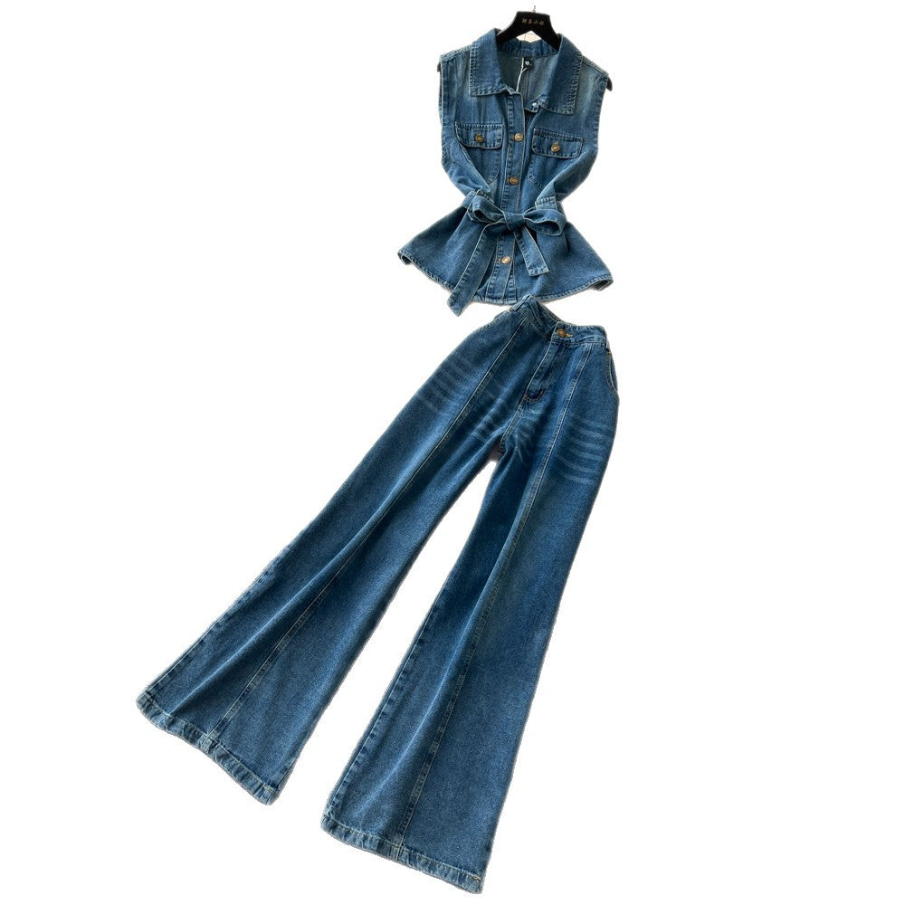 Hong kong style spicy girl sleeveless denim two-piece set - women's summer slimming tank top & high-waisted pants casual chic outfit
