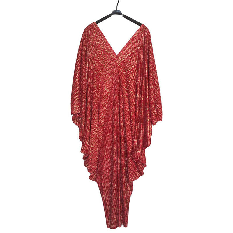 supply hot stamping heavy industry pleated v neck bat sleeve looseclassy sense dress big sale