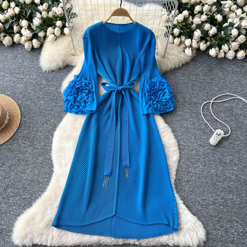 European and american fashion 3d floral flared sleeve tie-waist pleated maxi dress - slimming, elegant, and flowy