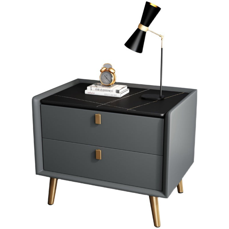 Modern minimalist bedroom nightstand - microfiber leather, sintered stone top, solid wood frame, new design with drawer storage, smart enabled