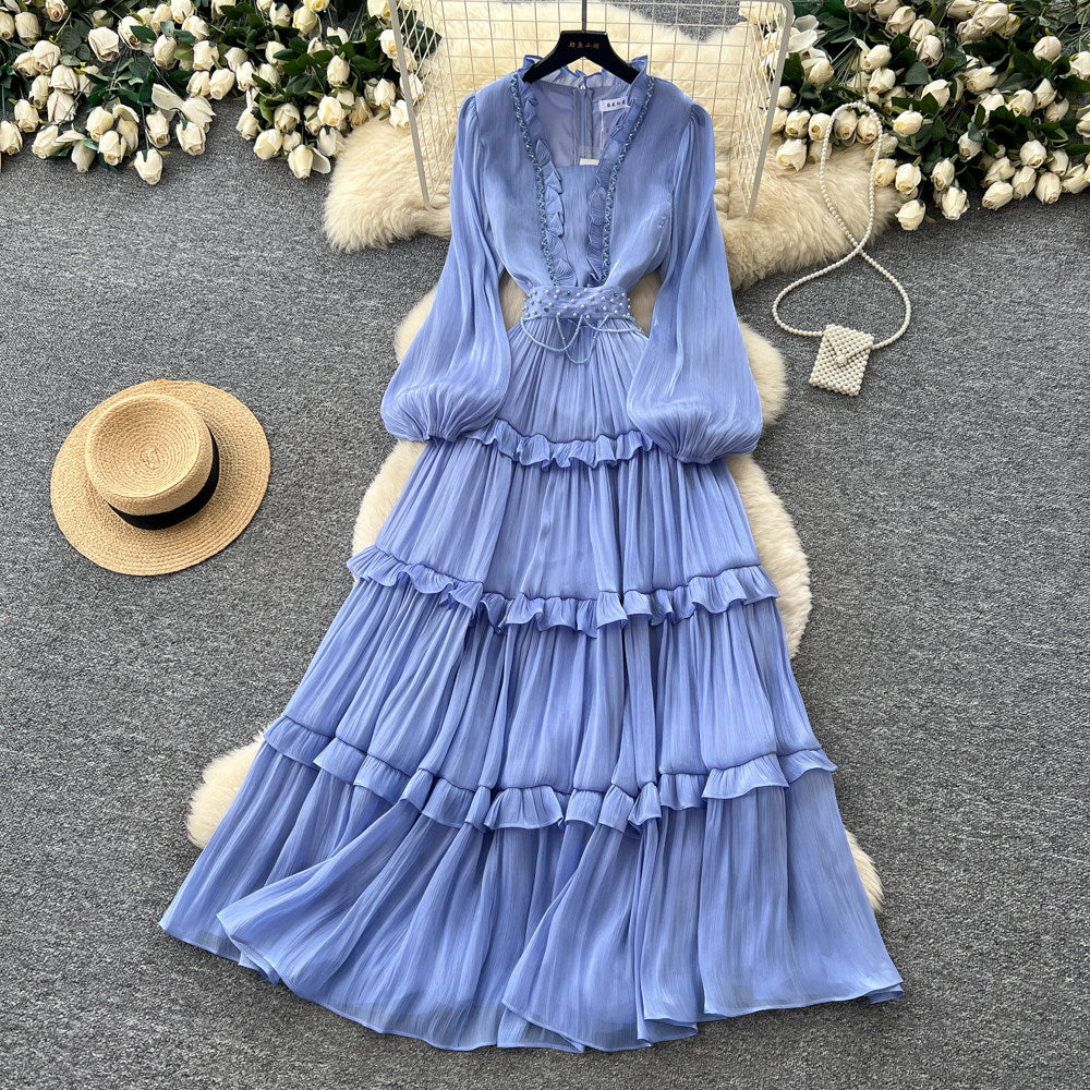 French sweet style pink lantern sleeve dress - women's spring/autumn cinched waist ruffle trim elegant cake dress - slimming