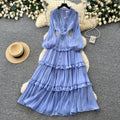 French sweet style pink lantern sleeve dress - women's spring/autumn cinched waist ruffle trim elegant cake dress - slimming