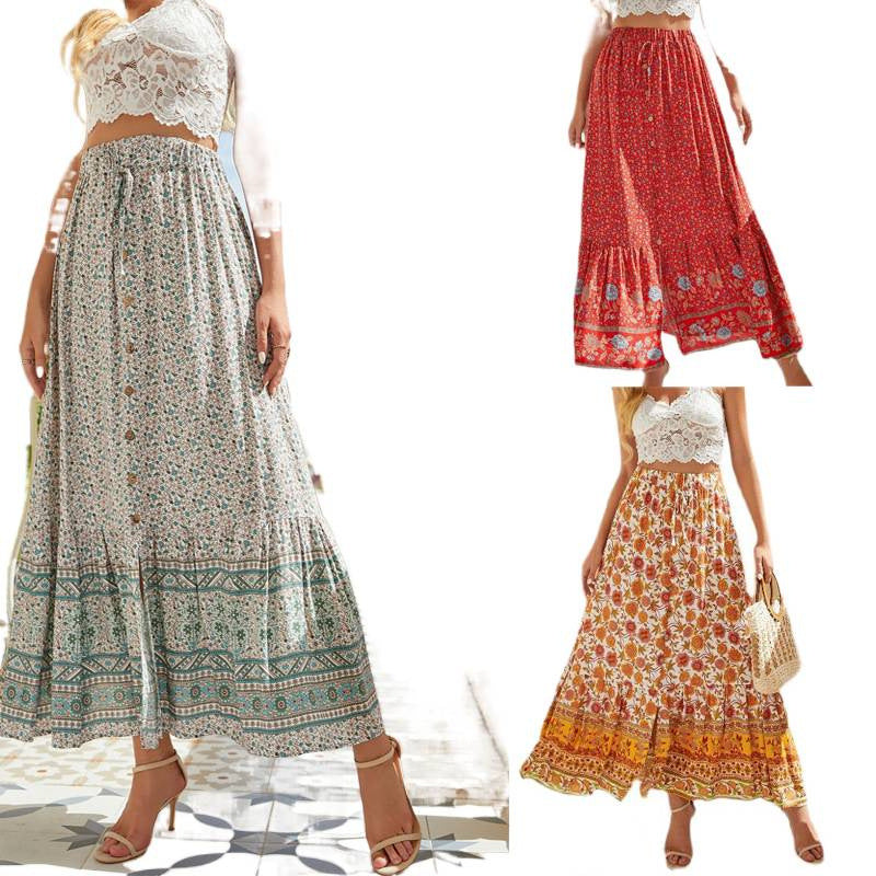 high-waisted rayon printed button-down slit midi skirt - perfect for beach vacations