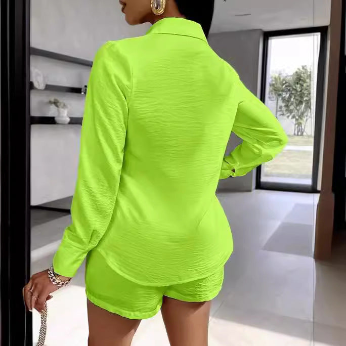 european and american style women's export fashion: elegant solid color pocket long sleeve shirt + shorts two-piece set