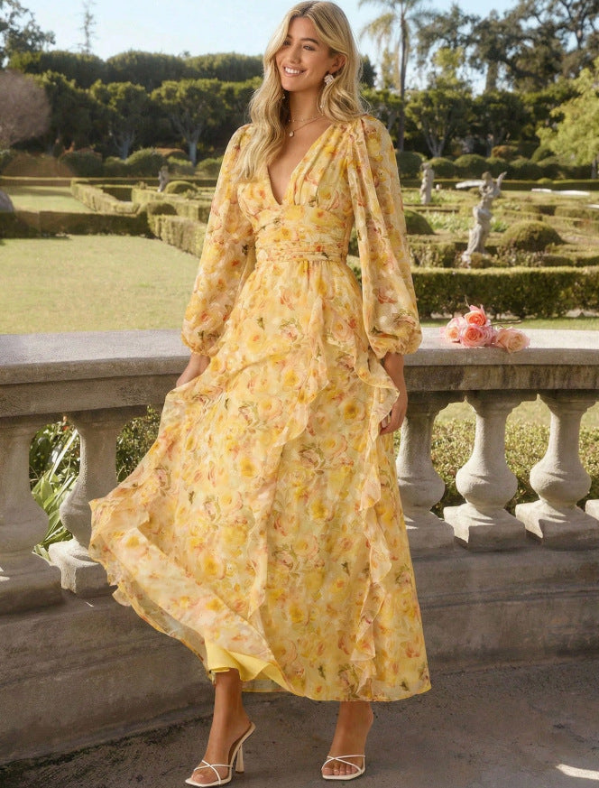 Yellow floral dress - autumn  australian fresh & sweet stand collar single-breasted tie-waist maxi dress