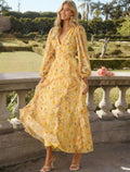 Yellow floral dress - autumn  australian fresh & sweet stand collar single-breasted tie-waist maxi dress
