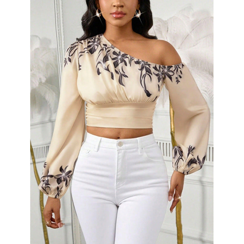 Women's printed one-shoulder top, cinched waist puff sleeve cropped crop top, perfect for dates, commuting, and everyday casual wear