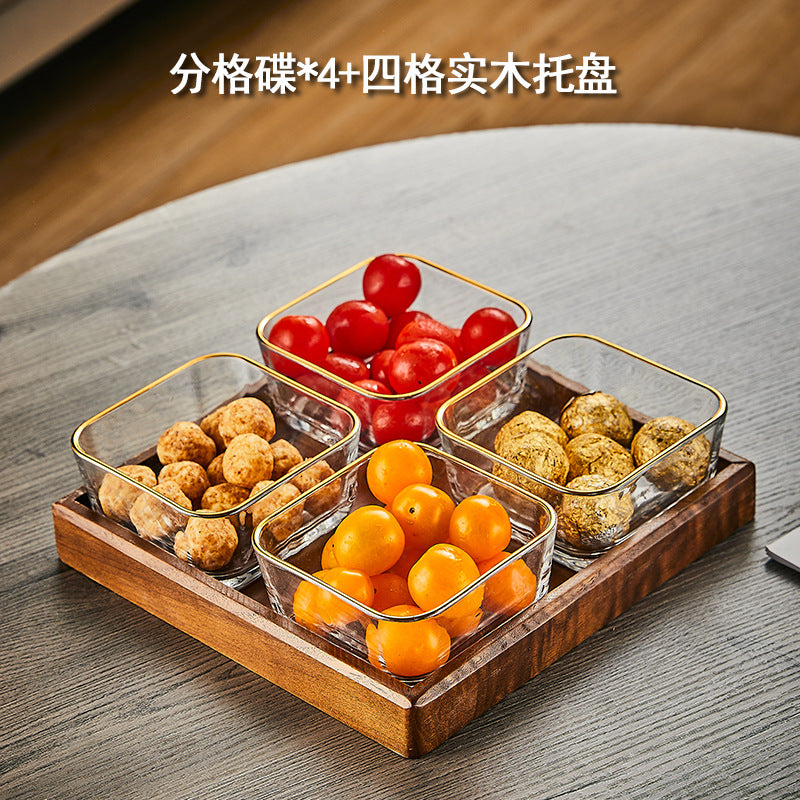 Walnut wood fruit bowl snack storage box - premium glass dried fruit dish - coffee table dessert & candy organizer
