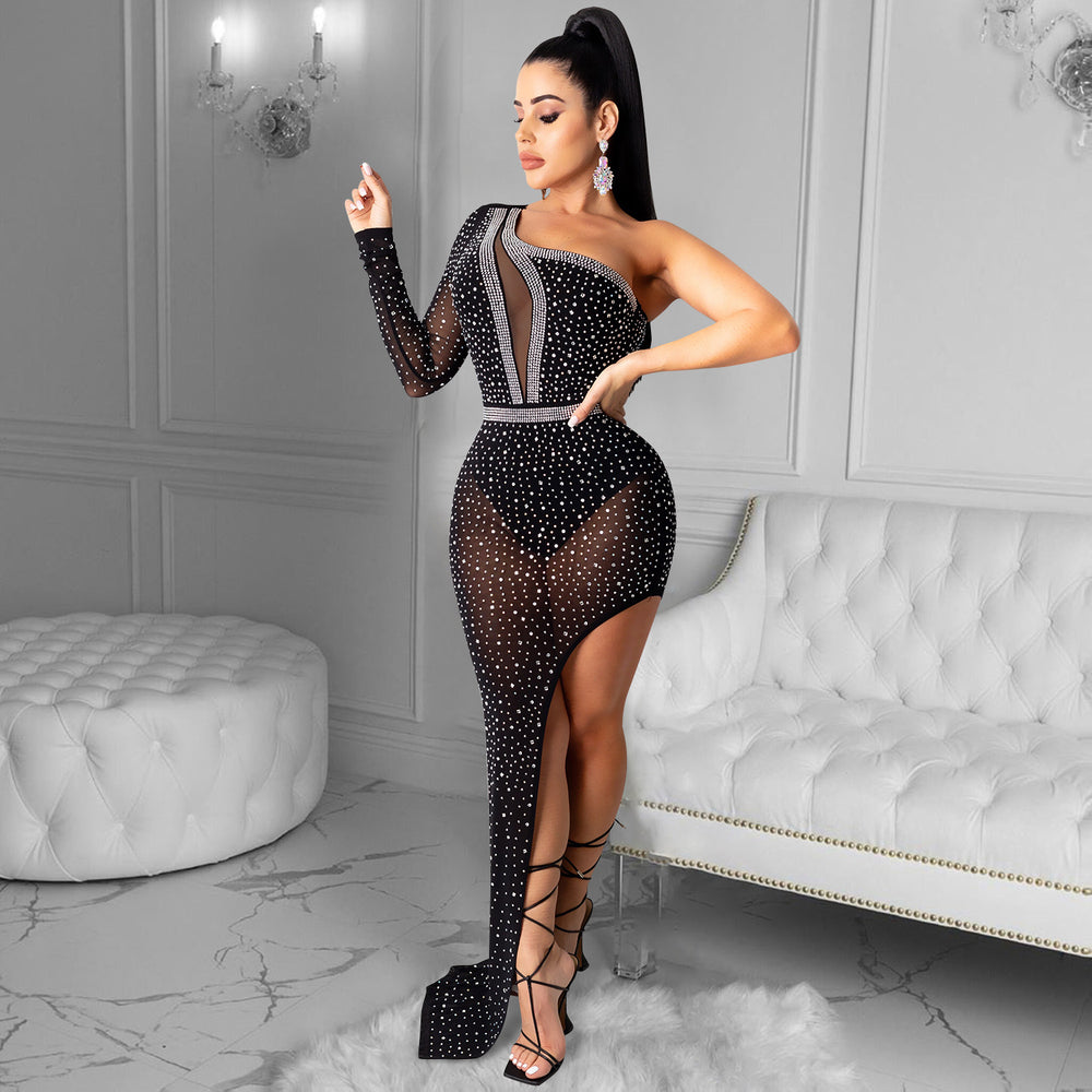 X5028 cross-border autumn/winter new arrivals: european and american style sexy nightclub dress - mesh see-through asymmetrical maxi dress for women