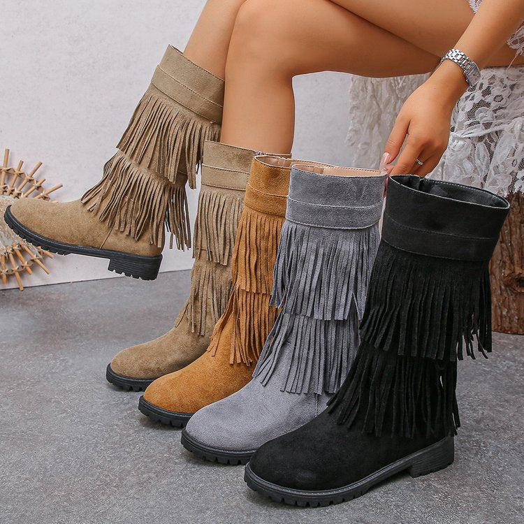 Cross-border large-size boots for women, autumn and winter fringed European and American wind side zipper, retro wind rivet knight boots for women