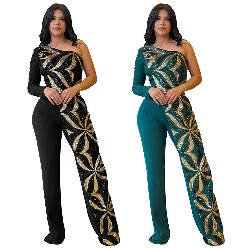 C7301 cross-border   fashion women's elegant bodycon one-shoulder sequin sleeveless jumpsuit