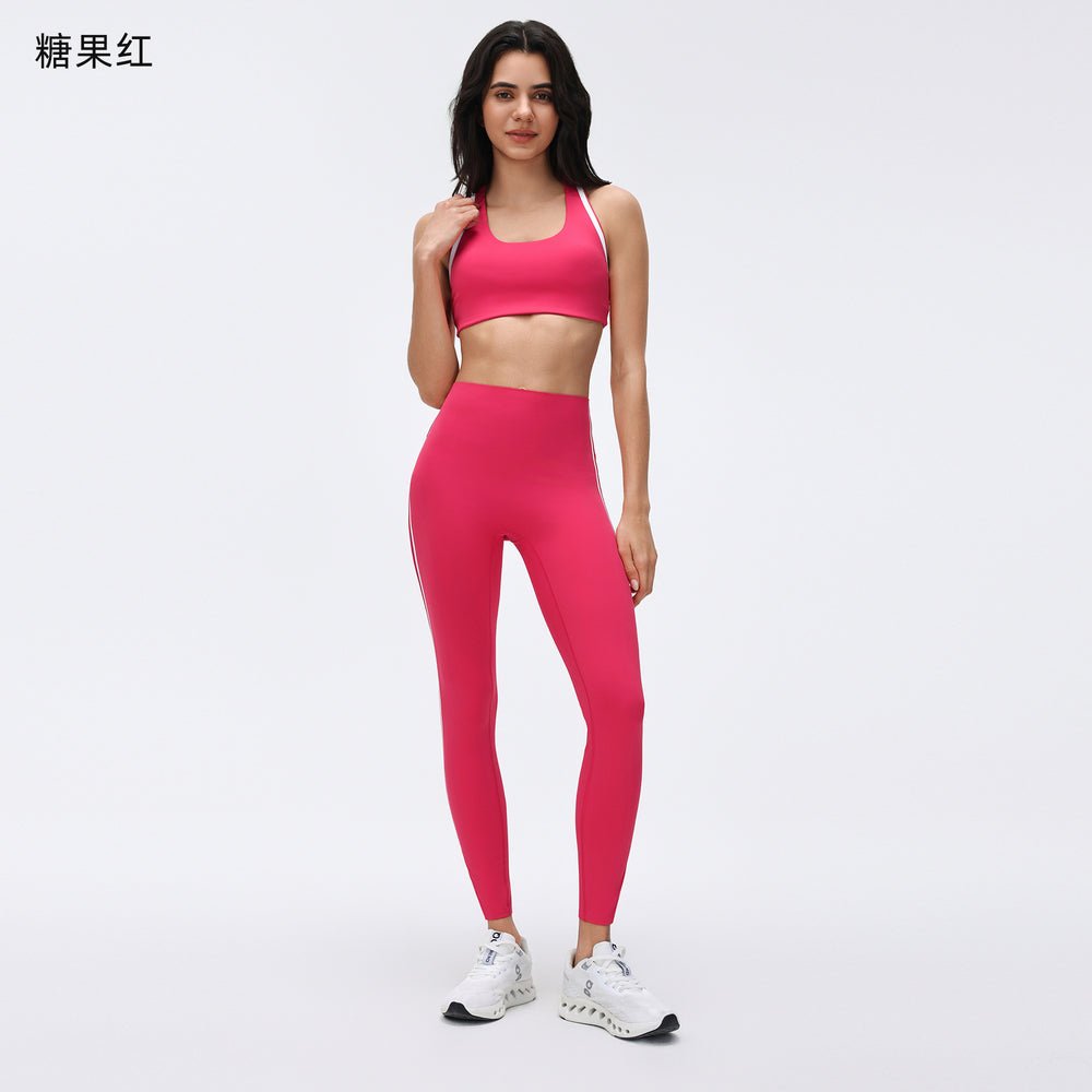 Contrast color yoga suit women's bubble wrap anti-sagging fitness bra high waist peach hip nine-point sports pants two-piece set
