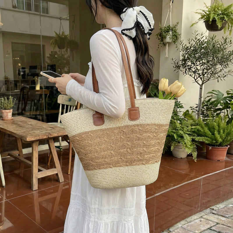New woven bag large capacity tote bag simple versatile shoulder bag casual travel commute tote bag women's bag