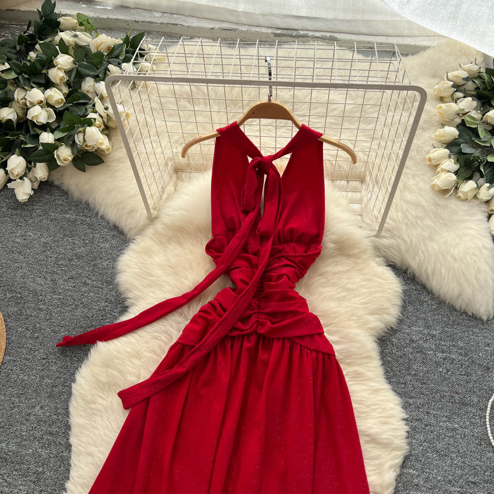 Red dress women's  summer atmosphere deep v neck halter suspender waist elegant slit backless long skirt