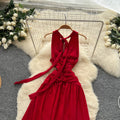 Red dress women's  summer atmosphere deep v neck halter suspender waist elegant slit backless long skirt
