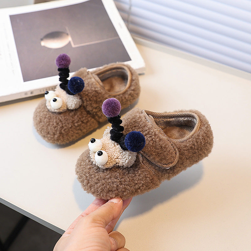 Vancahao girls' fall/winter fleece-lined lambswool outerwear cotton shoes,  new korean style children's cartoon fluffy shoes