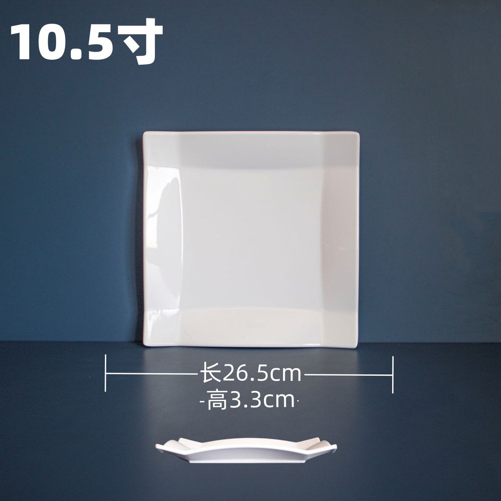White square melamine dinnerware set - western style plates, fast food plates, covered fried rice/sauce dishes - wholesale for student cafeterias and dining halls