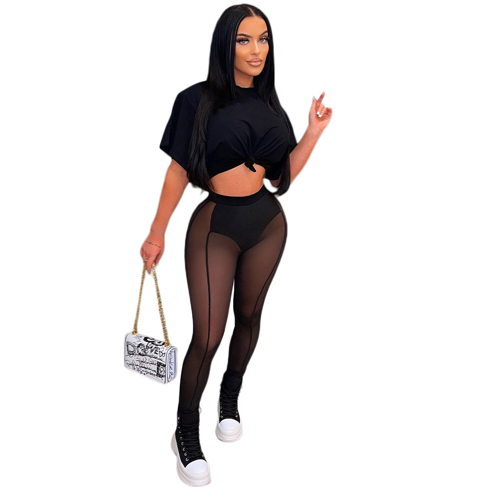 S390279 Cross-border  eBay Women's Sexy Perspective Splicing Short Sleeve T-Shirt Mesh Pencil Pants Suit Women