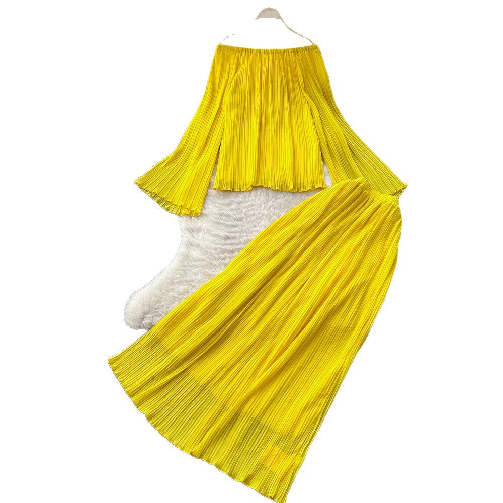 Vacation style yellow one shoulder two-piece set women's spring autum pleated long sleevespleated skirtelegantsuit dopamine style