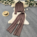 European and american chic women's autumn outfit: high-end v-neck long sleeve geometric print knit cardigan with high-waisted pants