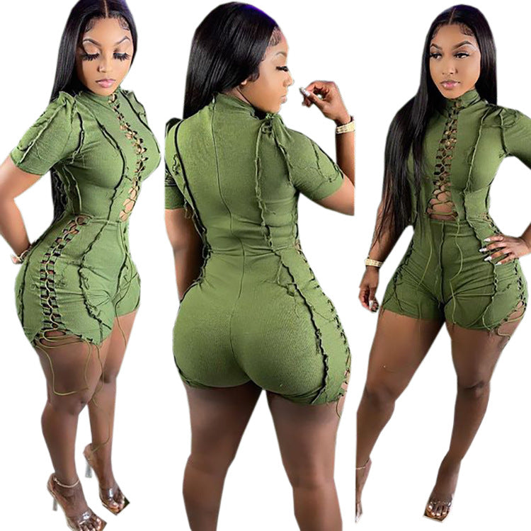 summer hot seller:  foreign trade women's fashion - european and american sexy solid color tie-up short sleeve jumpsuit