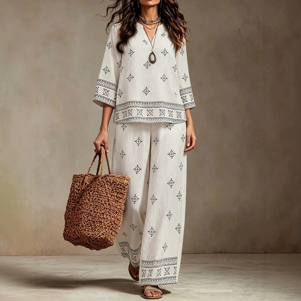 Vacation style plus sizenational style suitretro geometric printingv neck mid-sleeve topsloosestraight-leg pants fat mm