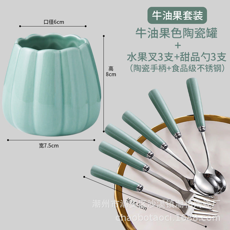 Stainless steel fruit fork set with premium ceramic storage jar, fruit picks, home watermelon forks, and stylish spoons