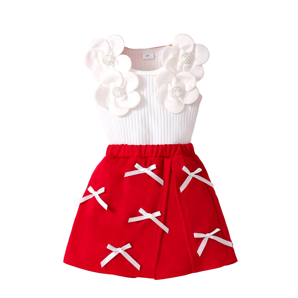 Girls' two-piece outfit: sleeveless top with pearl and flower embellishments + shorts set