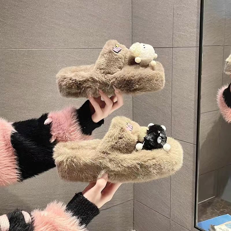 Women's fuzzy slippers - 2024 new fashion, versatile, cute, trendy, thick-soled, non-slip, home cotton slippers, thong sandals