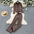 European style chic geometric print set - women's autumn premium round neck metal buckle long sleeve knit top & high waist pants
