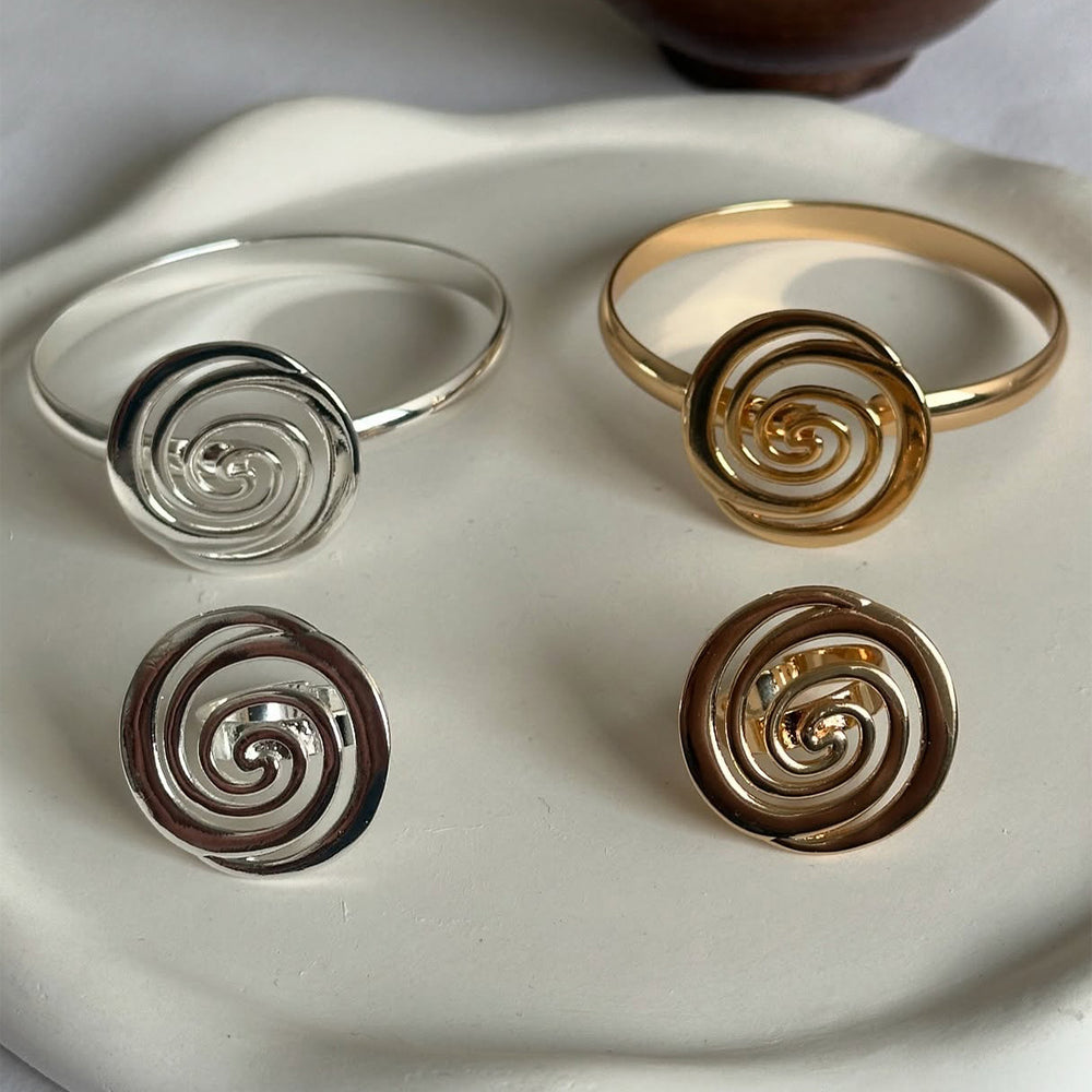 European and american cross-border fashion exaggerated irregular swirl design open ring alloy geometric spiral bracelet set for women